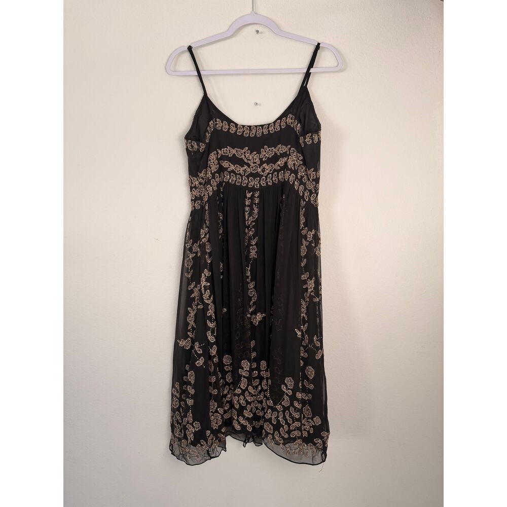 Vintage Adrianna Papell Black Silk Beaded Dress Gold Embellished Formal Midi 14 - Picture 2 of 4